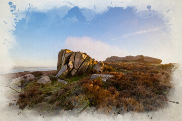 Golden hour sunrise digital watercolour illustration of The Roaches in the Staffordshire Peak District National Park, England, UK.