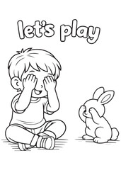 Obraz premium coloring book boy sitting covering eyes playing hide and seek with rabbit