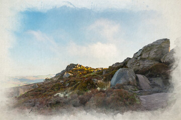 Sunrise digital watercolour illustration of the Staffordshire Peak District National Park, England, UK.