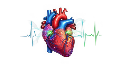3d heart with ecg waveform isolated on transparent background