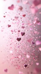 Many pink heart shape confetti falling on a light background. Abstract flying hearts for Valentine day greeting card or wedding invitation design.