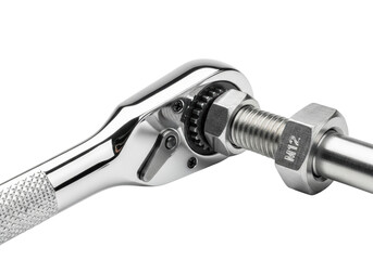 highly detailed chrome ratchet wrench and industrial hex nut in mid-torque action, isolated on white background with bokeh and copy space. concept of mechanical precision and industrial quality