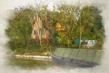 Digital watercolour painting of the Caldon canal waterway near, Froghall during autumn.