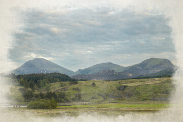 Digital watercolour illustration of the Hebog mountain range of Moel Hebog, Moel yr Ogof and Moel Lefn in the Eryri National Park, Wales.