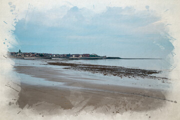 Digital watercolour illustration of the Rhos-on-Sea beach and seafront at low tide.