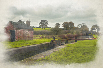 Bridge 36 digital watercolour painting on the Caldon canal inland waterway near the Hazlehurst junction.