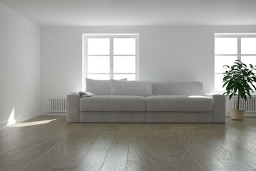 modern room with white sofa with pillows, heating battery and plant in sand flowerpot near the sofa interior design. 3D illustration