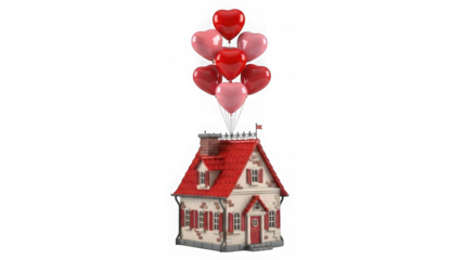Charming house with heart balloons isolated on transparent background