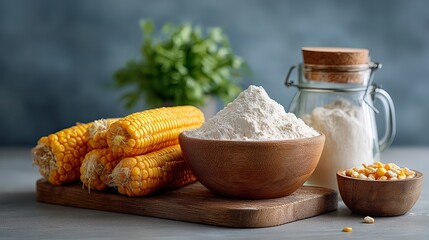 In a minimalist photo of the object, there are corn cobs on the table and corn flour next to them.