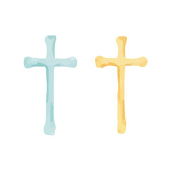 Two isolated Christian crosses on a white background, for Easter, hand drawn with blue and yellow watercolor, simple and clean design, Vector