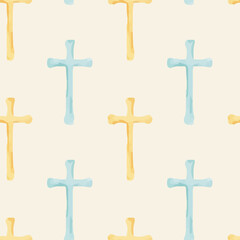 Seamless watercolor pattern with Christian crosses, hand painted in blue and yellow tones for Easter designs, religious stationery, wrapping paper, greeting cards, textiles and decorative backgrounds.