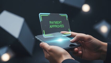 Person holding smartphone with glowing 'Payment Approved' hologram for secure online transaction.