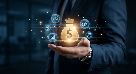 Businessman pressing social network icon on virtual touchscreen