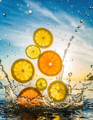 Vibrant fresh sliced lemon, lime, and orange fruit slices splash in clear water. refreshing summer scene with beautiful blue sky and feeling of pure joy and energy