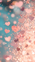 Pink hearts and glitter falling on a blue background. Romantic celebration concept perfect for Valentine Day special occasion.