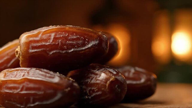 A pile of dates stacked on a wooden surface in a warm and cozy atmosphere