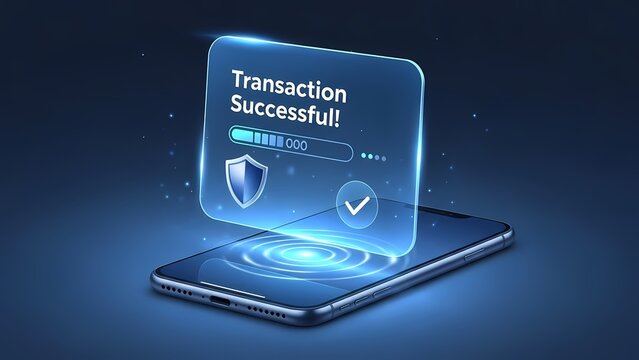 Smartphone showing "Transaction Successful" on a secure digital interface with shield and checkmark. - Powered by Adobe