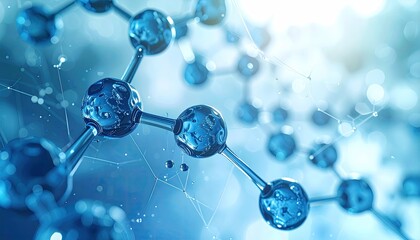 Close-up of a molecular structure in cool blue tones, with spheres and connecting lines