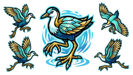 Obraz premium Stylized Bird Mascot Vector Set Featuring Teal and Gold Waterfowl for Gaming and Sports Logo Design