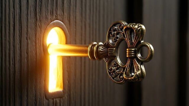 Antique Ornate Skeleton Key Inserted into a Keyhole with Warm Golden Light Shining Through