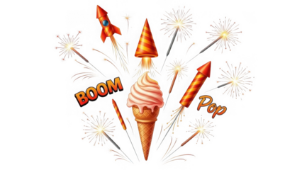 Fireworks and ice cream cone isolated on transparent background