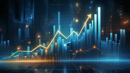 Futuristic financial data visualization with glowing bars and an ascending arrow on a dark grid background - Powered by Adobe