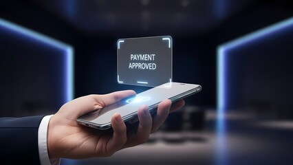 Hand holding smartphone displaying "Payment Approved" on a transparent digital interface.