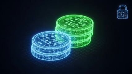 Secure digital currency concept with glowing wireframe crypto coins and a padlock, illustrating blockchain protection.