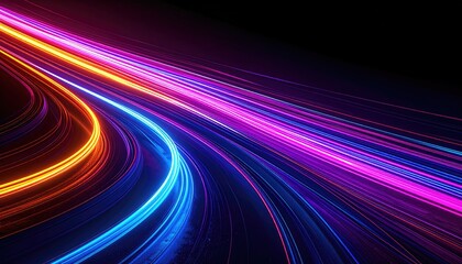 Abstract long-exposure capturing vibrant streaks of light curving against a black backdrop