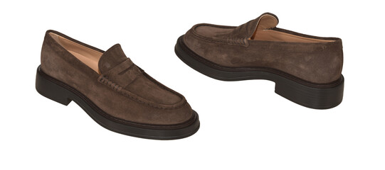 Set Of Elegant Men's A Brown leather loafer shoes, shiny surface, black sole, suitable for both formal and casual wear classic elegance shoes, transparent background, men's casual leather shoes.