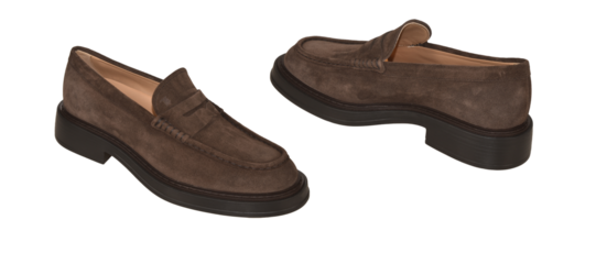 Set Of Elegant Men's A Brown leather loafer shoes, shiny surface, black sole, suitable for both formal and casual wear classic elegance shoes, transparent background, men's casual leather shoes.