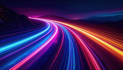 Illuminated streaks of light trail a curving road through a night landscape under starry skies
