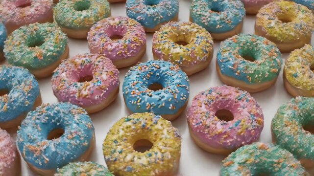 A mesmerizing abstract top down view of a rotating collection of perfectly glazed and sprinkled colorful miniature ring donuts food, rotating, pattern