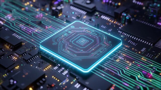 Close-up of a Central Processing Unit ( CPU) with Glowing Blue and Teal Circuitry on a Motherboard
