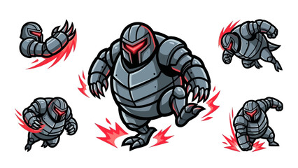 Fototapeta premium Set of heavy metallic armored robot warrior character sprites with red glowing eyes for game design