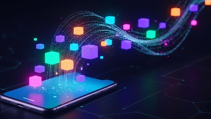 Smartphone with vibrant glowing data cubes and streams, symbolizing digital connectivity and mobile technology.