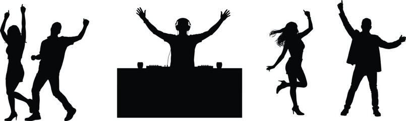 DJ and dancing people silhouettes at nightclub party isolated on white background, music festival nightlife entertainment illustration concept
