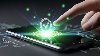 Finger touching smartphone screen with glowing green checkmark for digital verification and security.