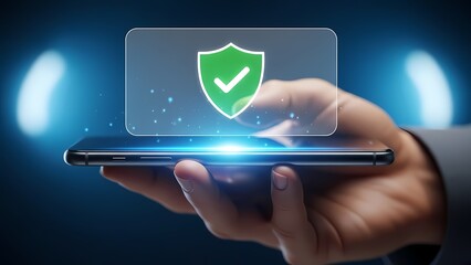 Hand holding smartphone with a glowing green security shield hologram for data protection.