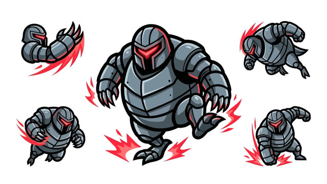 Set of heavy metallic armored robot warrior character sprites with red glowing eyes for game design
