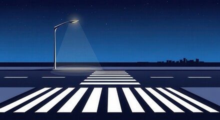 Illuminated crosswalk stands ready on an asphalt road beneath a starry night sky