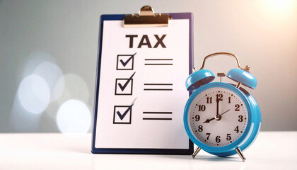 Blue alarm clock and clipboard with tax checklist. Urgent deadline for filing taxes. Time to prepare financial documents and pay bills. Important tax season concept