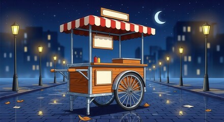 Mobile food stall stands empty on a wet city pavement beneath a night sky with a crescent moon