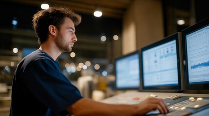 A renewable energy technician examining load distribution graphs on a wind turbine’s digital control panel, analyzing how mechanical stress shifts with changing wind speeds — green energy