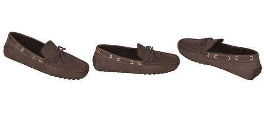 Set of stylish brown suede loafer, men's casual leather shoes, transparent background, Lightweight and flexible sneakers, ideal for casual and smart-casual outfits.
