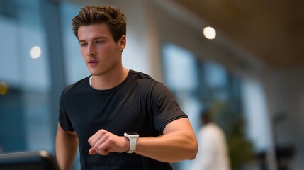 A smartwatch tester running treadmill trials to validate heart-rate accuracy, comparing live wrist readings with medical-grade chest sensors — wearable tech testing, biometric calibration, and