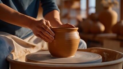 A potter shaping a clay vessel on a spinning wheel, wet hands guiding the form as soft studio light highlights the earthy texture — handcrafted ceramics, artisan craftsmanship, and slow creative