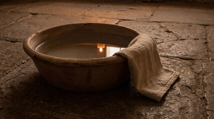 Earthenware basin with water and linen towel on ancient stone floor. Biblical concept of Maundy Thursday and Jesus washing feet. Religious symbol of humility and service during Lent.