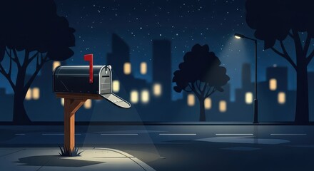 Traditional rural style mail receptacle stands open beside a street illuminated by a lamppost against a city skyline at night