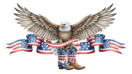 American bald eagle with flag ribbon and cowboy boots isolated on transparent background
